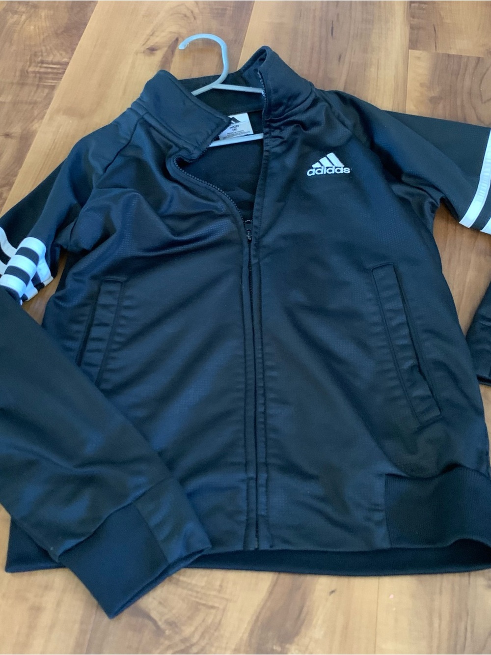 Adidas Black Track Jacket I with White Logo and Sleeve Stripes boys size 8